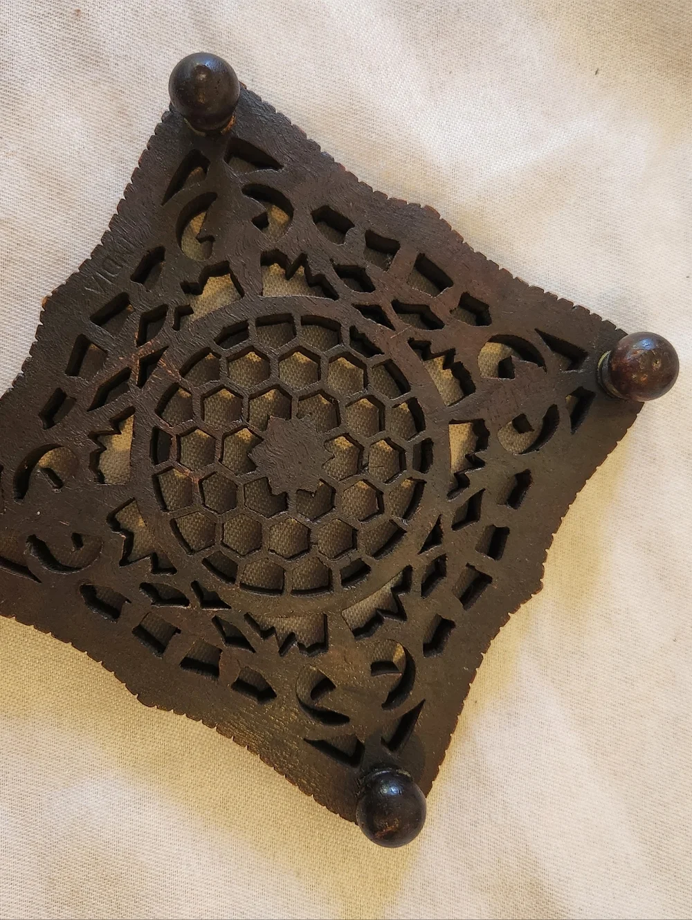Vintage Wooden Trivet Hand Carved Ornate Kitchen Hot Plate Decor Made In India